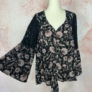 KNOX ROSE floral boho lace bell sleeve top size L romantic modern prairie shirt